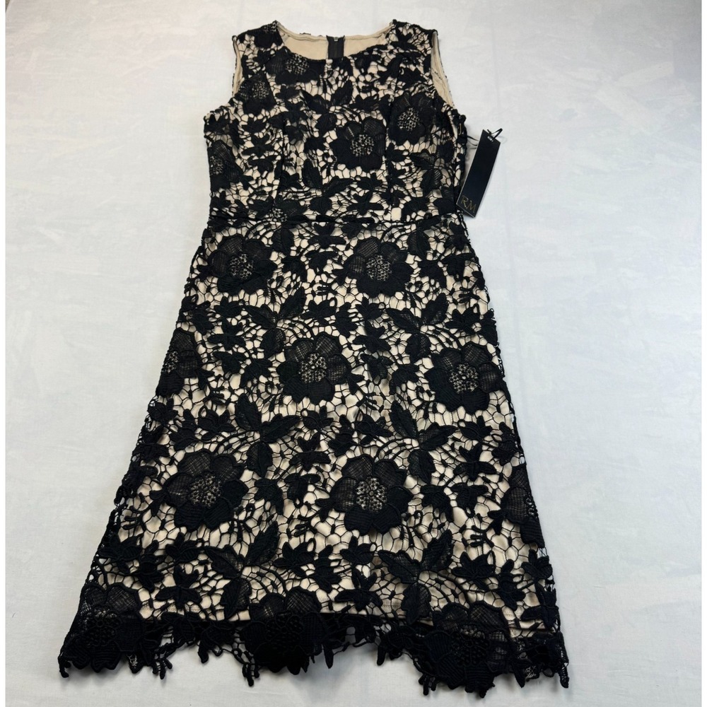 Ryan Michelle Lace Shift Dress Womens Large Black Floral Overlay Lined Back Zip
